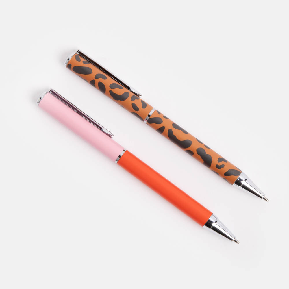 red/pink & leopard print set of 2 ballpoint pens