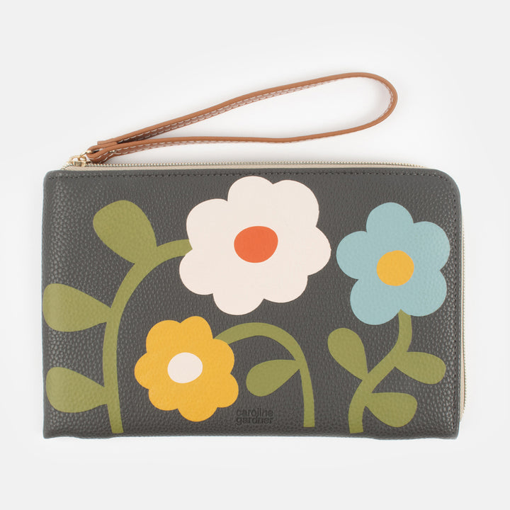 multi coloured floral print leather look travel purse