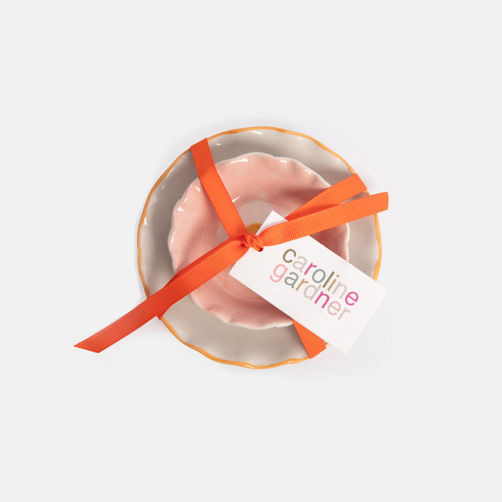 set of 2 trinket dishes packaged with caroline gardner branded tag and orange ribbon