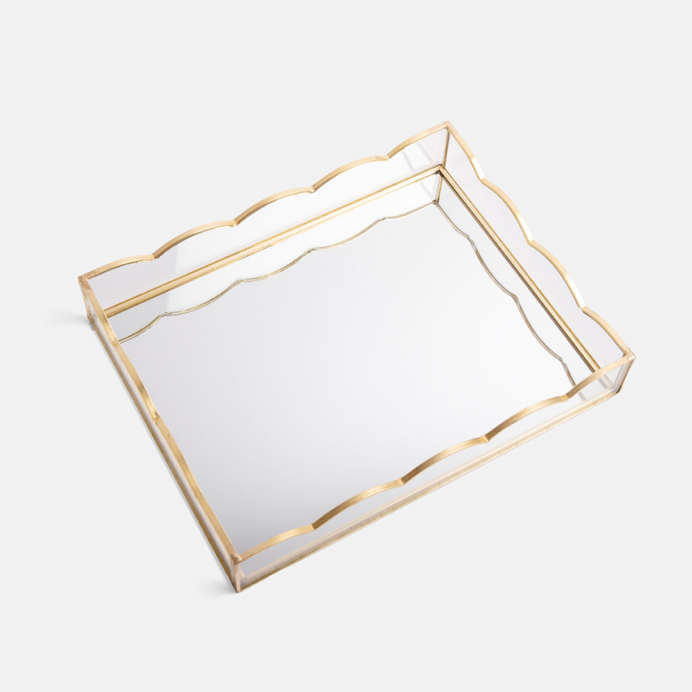 gold & glass scalloped edge storage tray with mirrored base