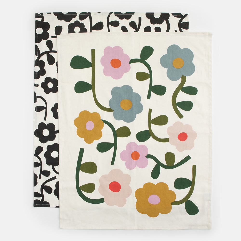 multi coloured floral and monochrome floral set of two tea towels