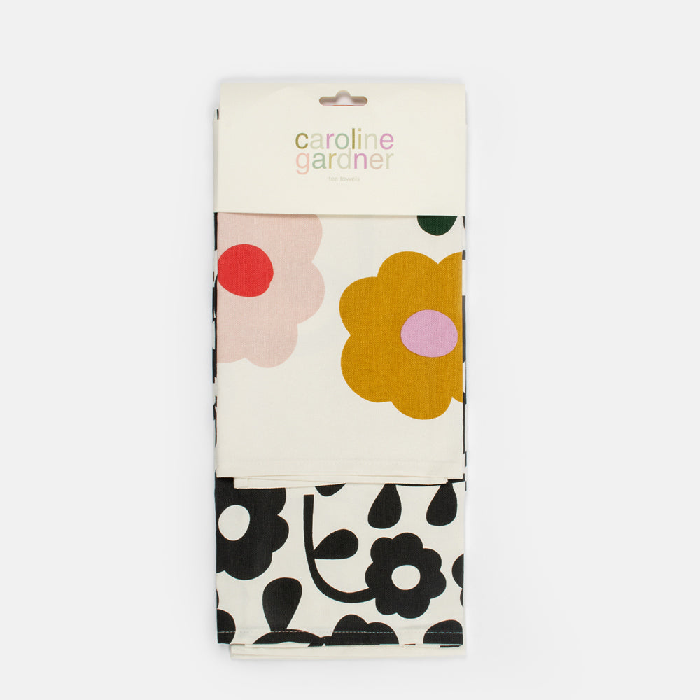 multi coloured floral and monochrome floral set of two tea towels