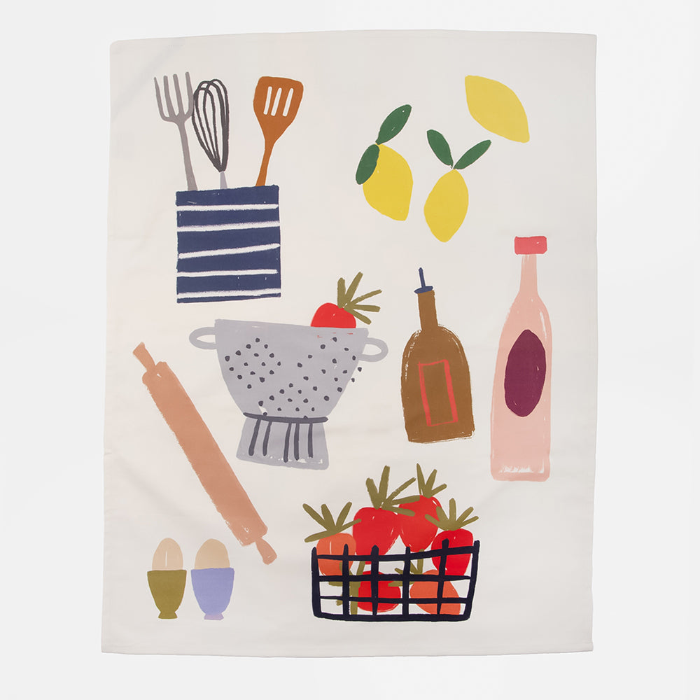 cotton tea towel with hand printed kitchen items design, fruits, utensils, oils