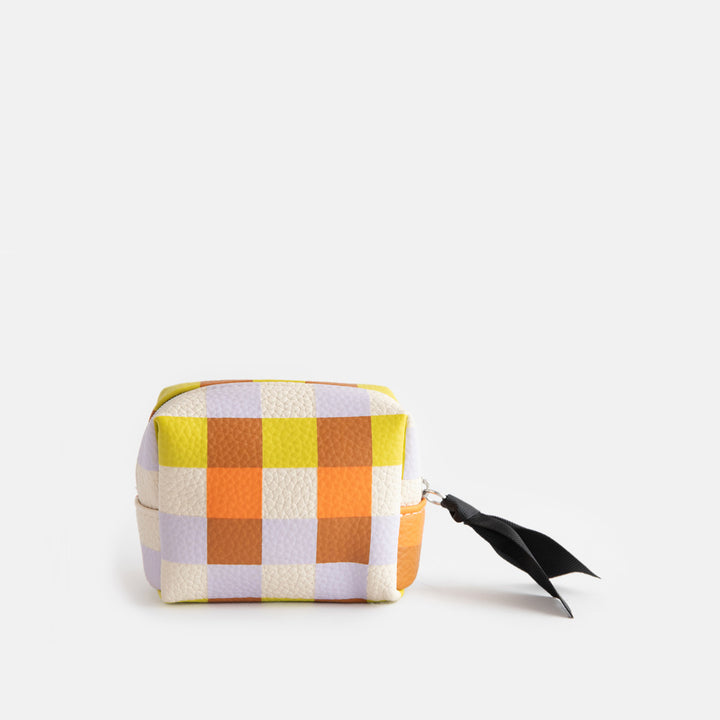 leather look PU ultra mini cosmetic bag in a warm tones check design with a silver zip and black grosgrain pull