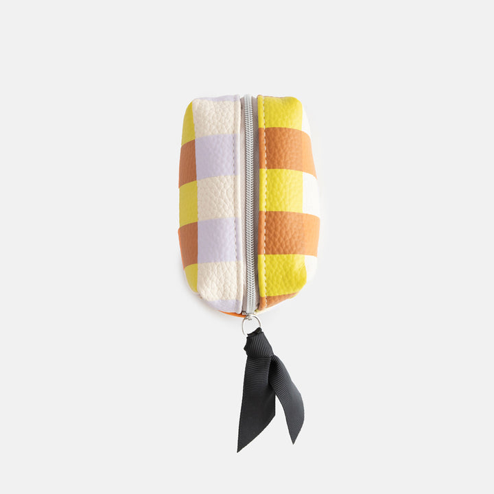 leather look PU ultra mini cosmetic bag in a warm tones check design with a silver zip and black grosgrain pull
