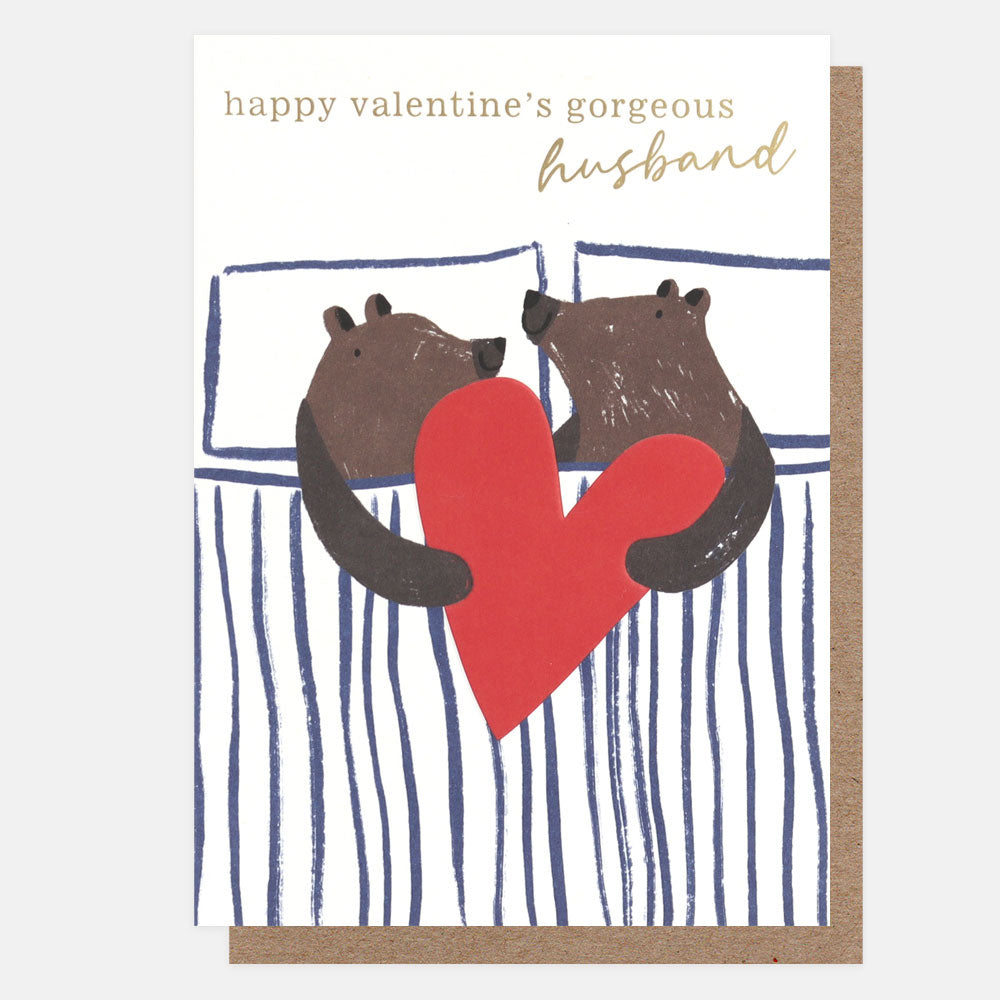 bears in bed with love heart 'gorgeous husband' valentine's day card