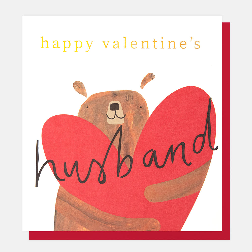 bear hugging big red love heart happy valentine's husband card