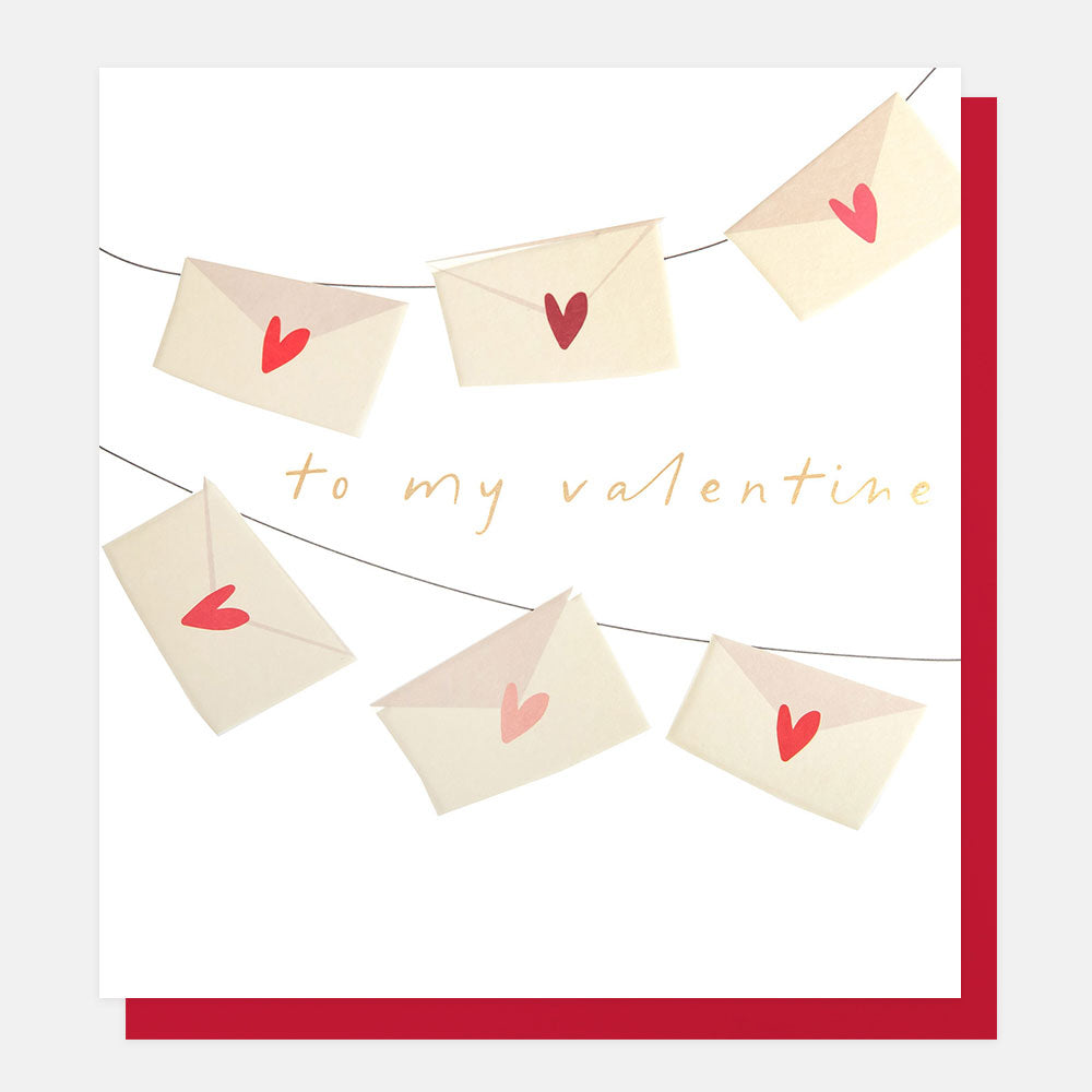 valentine's day card with 6 letters with red love hearts on strung up on washing lines and the text 'to my valentine's'