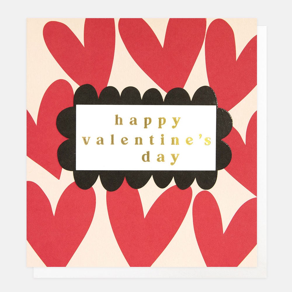 Valentine's Day card with red hearts and 'happy Valentine's day' text on a beige background