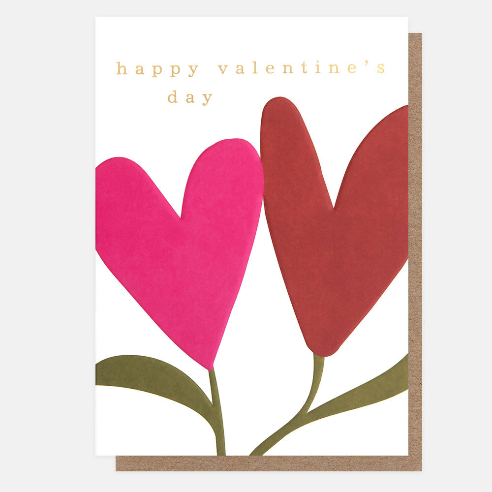 Valentine's Day card with two heart shaped flowers in red & pink and 'happy Valentine's day' text on a white background.