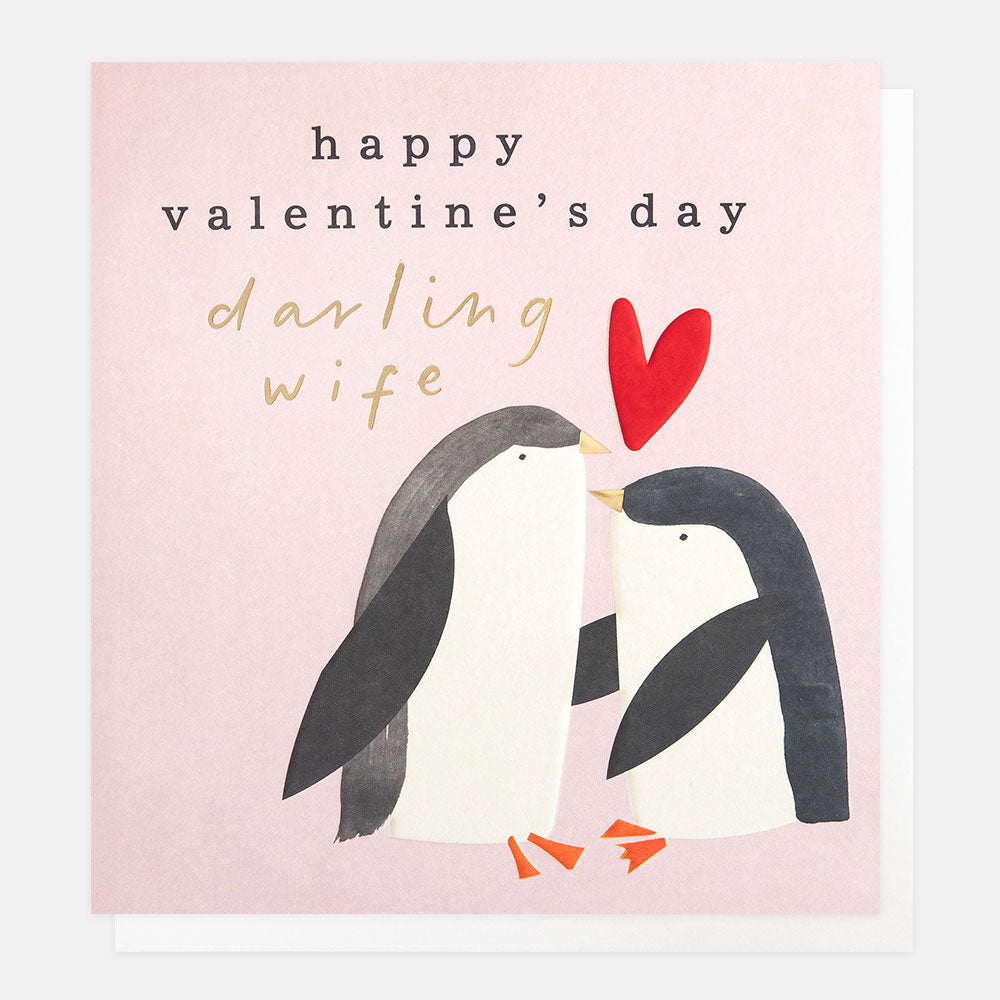Valentine's Day for wife card with penguins and a red heart on a pink background