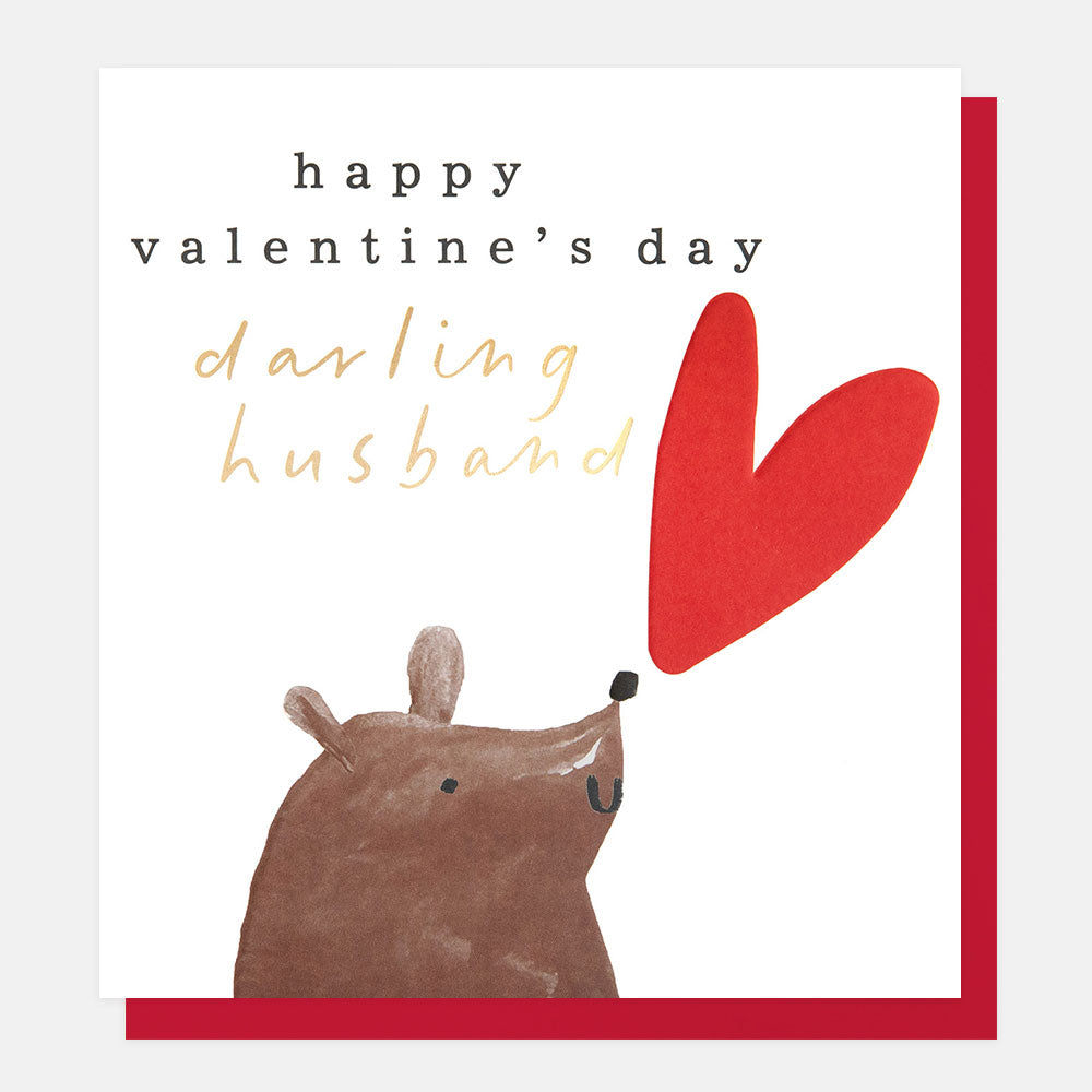 Valentine's Day card for a husband with a cartoon bear and red heart on a white background