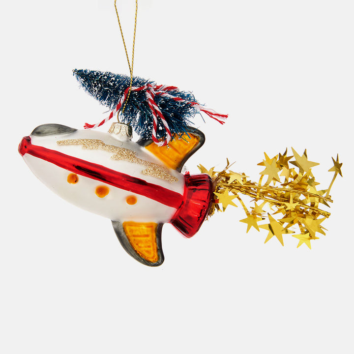 space rocket with stars glass hanging christmas tree decoration