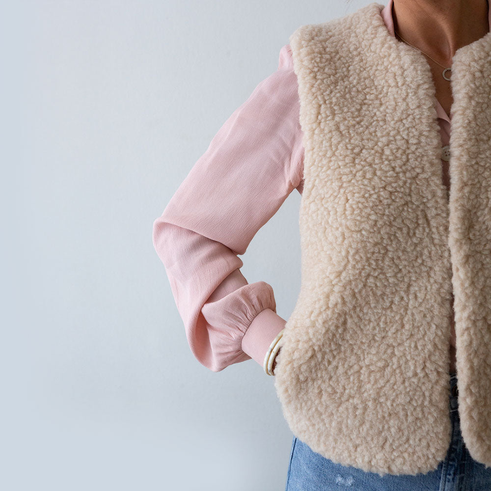 light beige 100% merino wool gilet, made by The Small Home