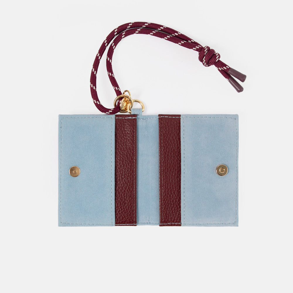 A light blue velvet wallet with burgundy leather-look vertical stripes and a matching burgundy braided strap with gold-tone hardware, shown on a plain white background.