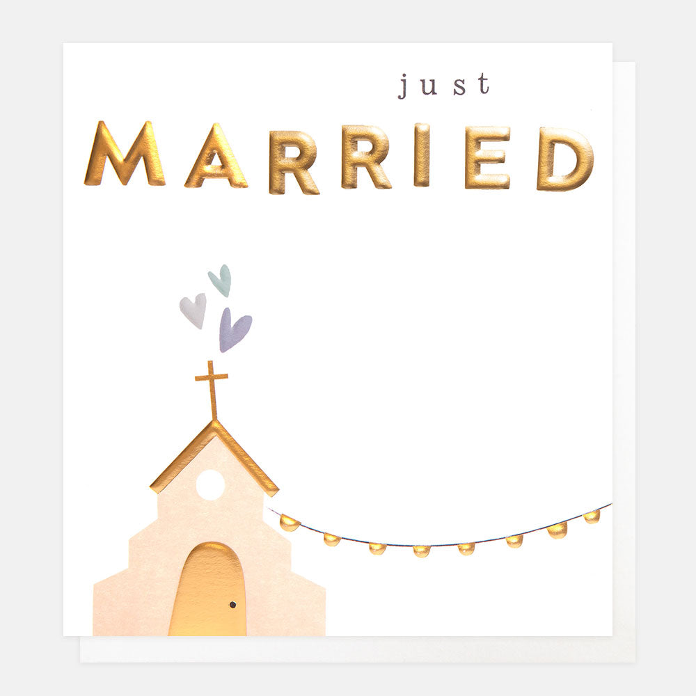 church & hearts just married wedding card