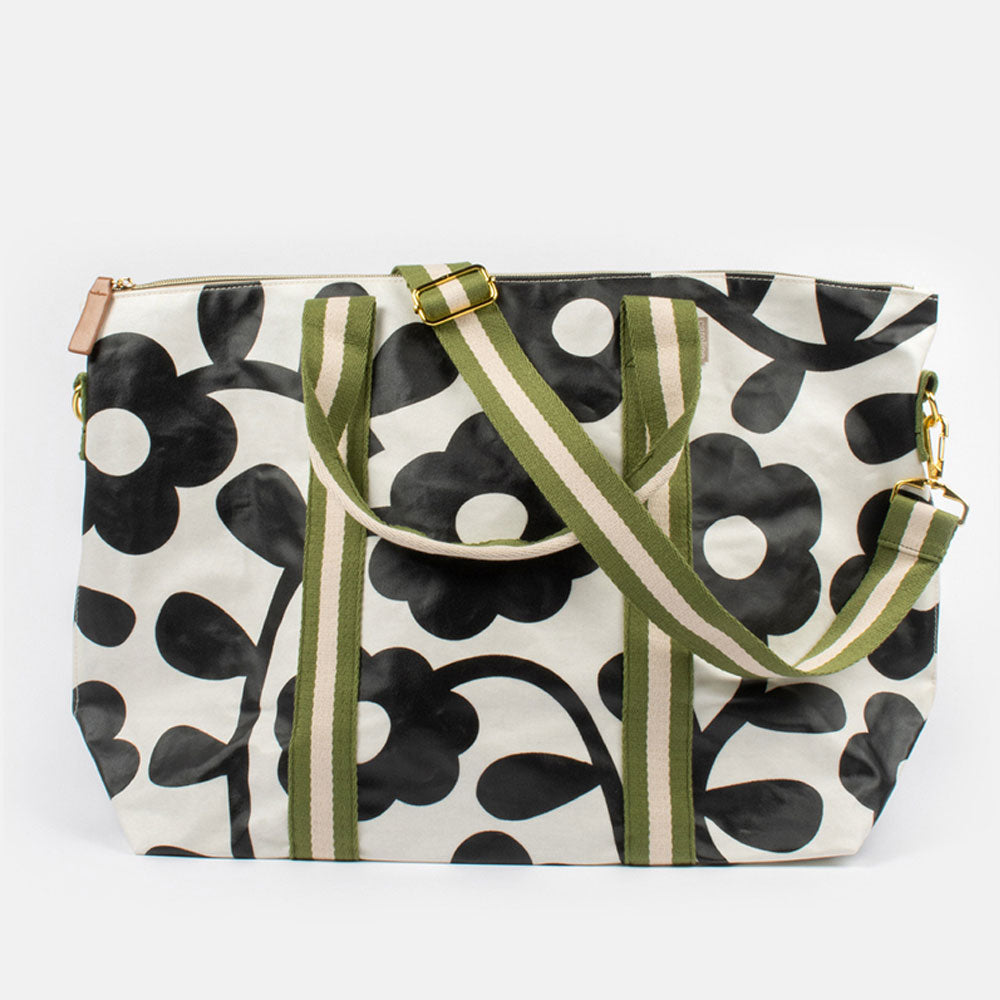 black and white monochrome floral print coated cotton canvas weekend bag
