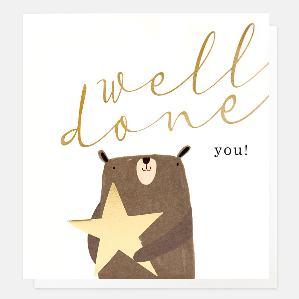 bear holding a gold star well done congratulations card