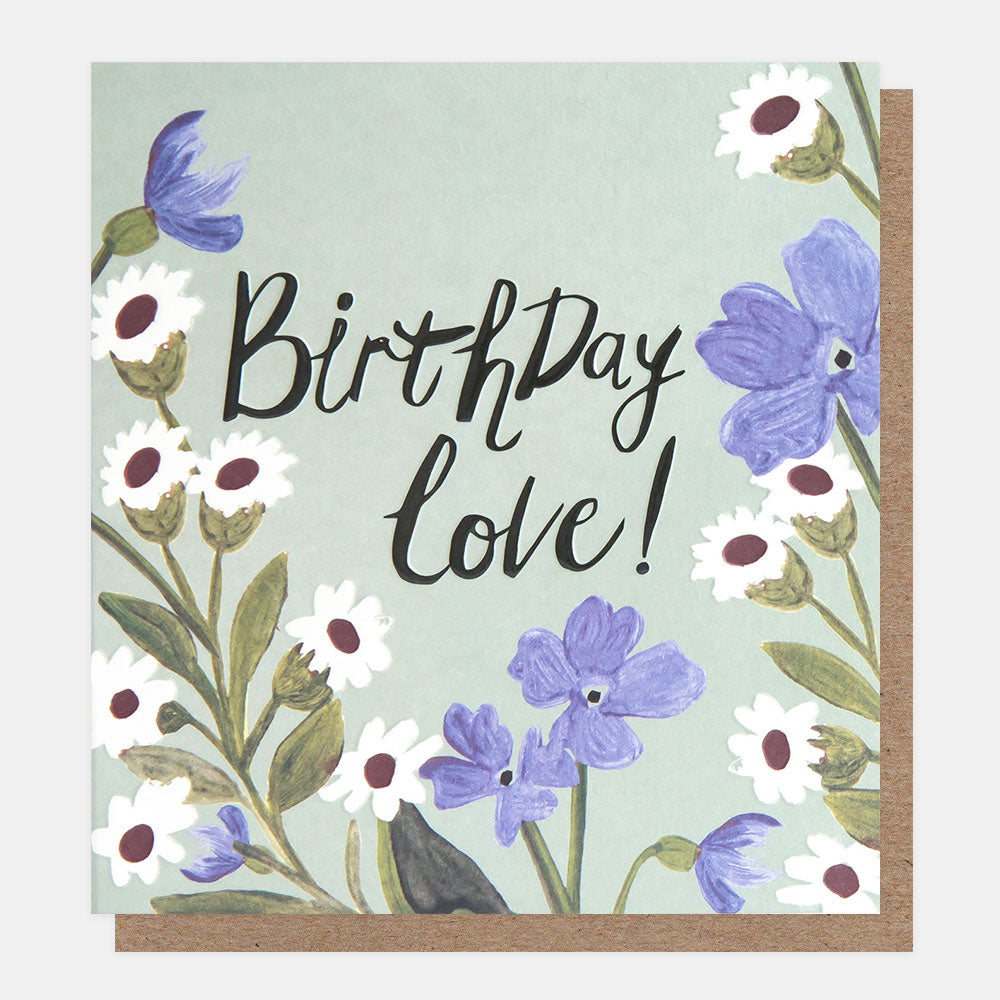 birthday card featuring a blue and white flowers and 'birthday love' message in black handwritten style lettering on a sage green background
