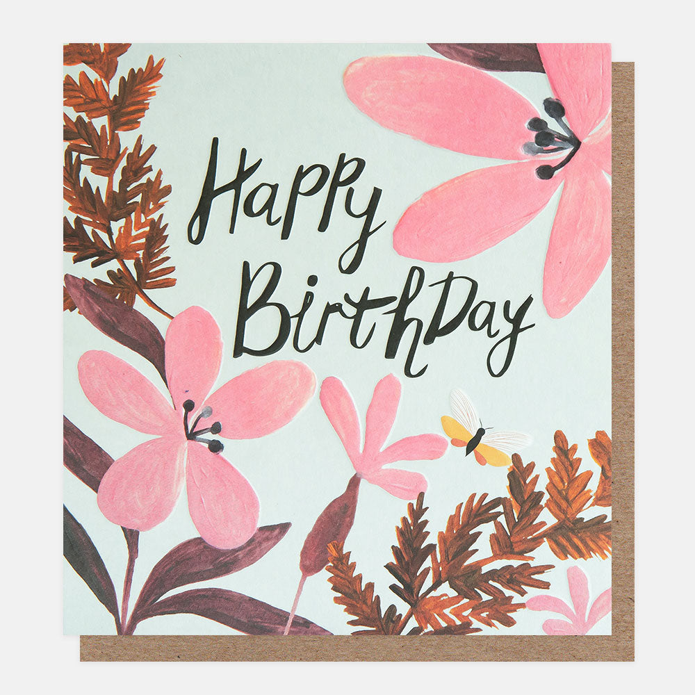 birthday card featuring a butterfly amidst pink flowers and 'happy birthday' message in black handwritten style lettering
