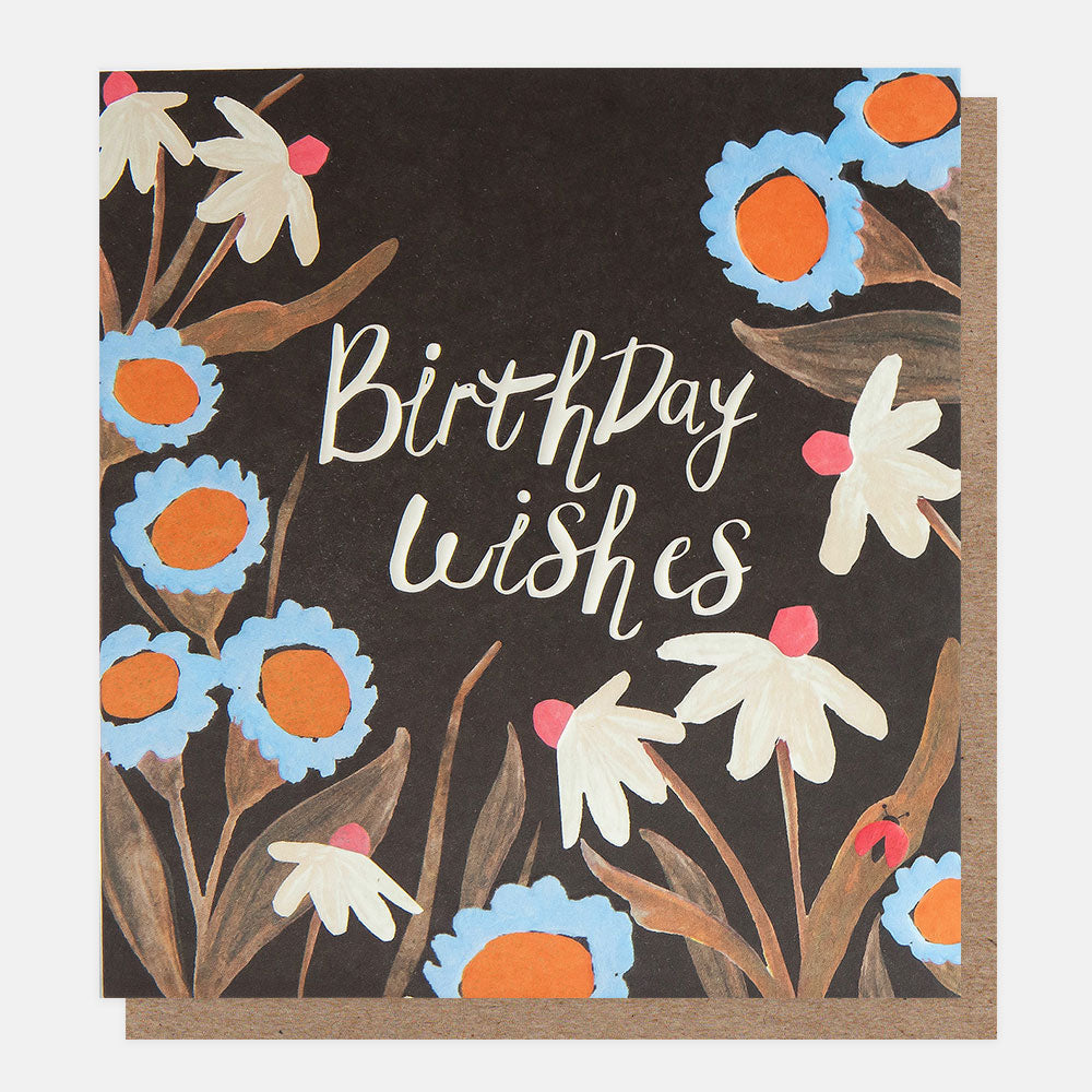 birthday card featuring a bug amidst blue and orange flowers and 'birthday wishes' message in white handwritten style lettering on a navy background
