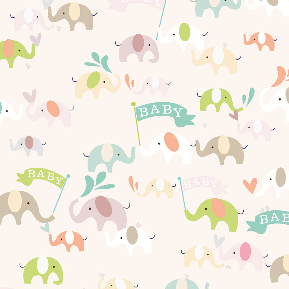 single sheet of wrapping paper featuring a print of hand drawn elephants holding flags with the word 'baby' on