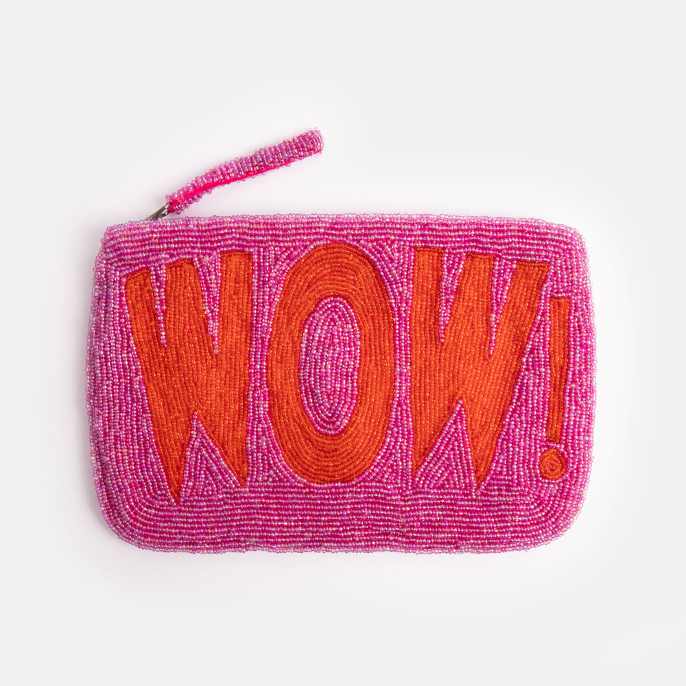 pink wow slogan hand beaded clutch bag