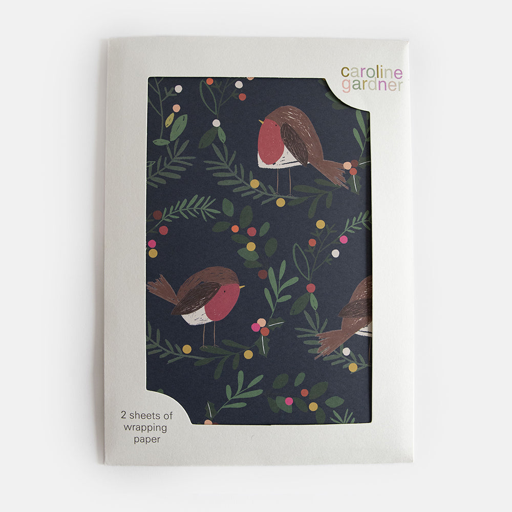 pack of 2 sheets of Christmas wrapping paper featuring a design of robins perched in Christmas wreaths on a dark background