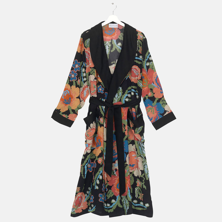 black woven flowers crepe dressing gown