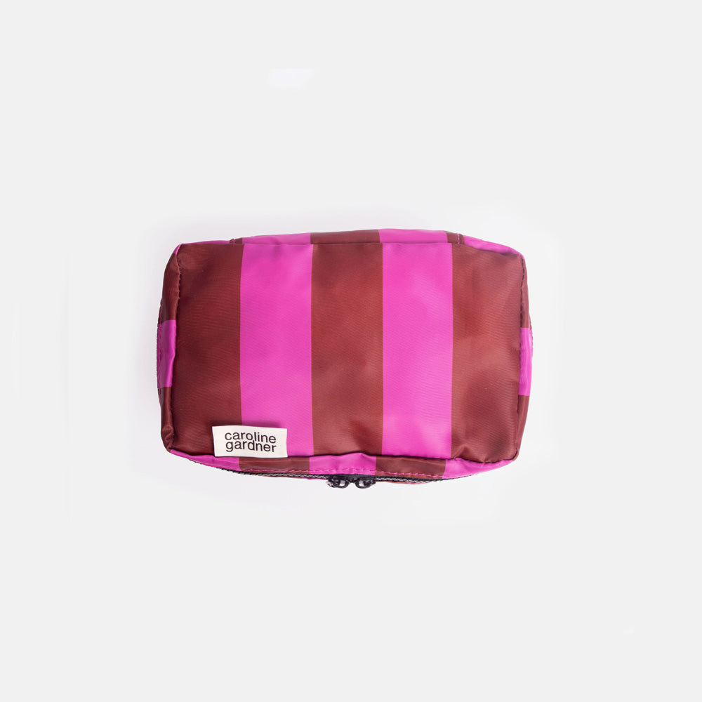 small packing cube in pink & burgundy wide stripe design