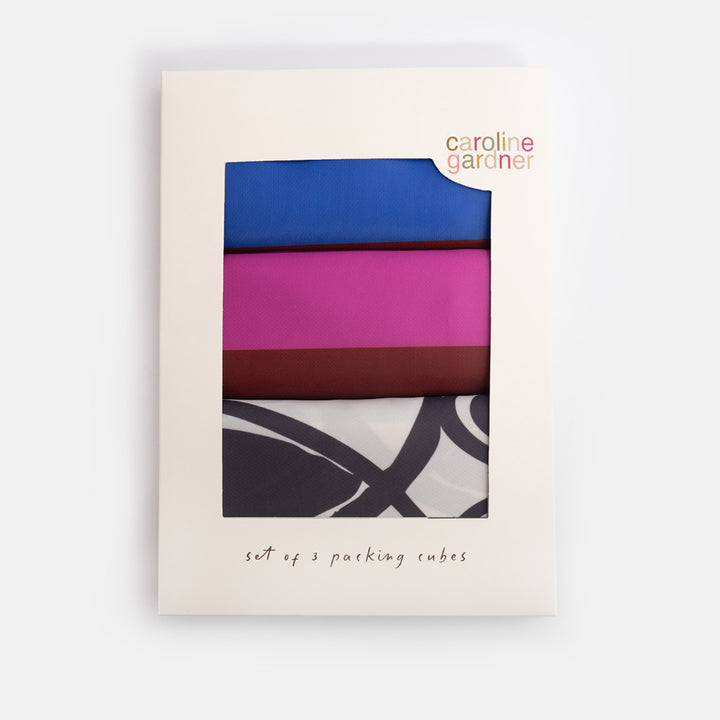 set of 3 packing cubes on 'caroline gardner' branded box