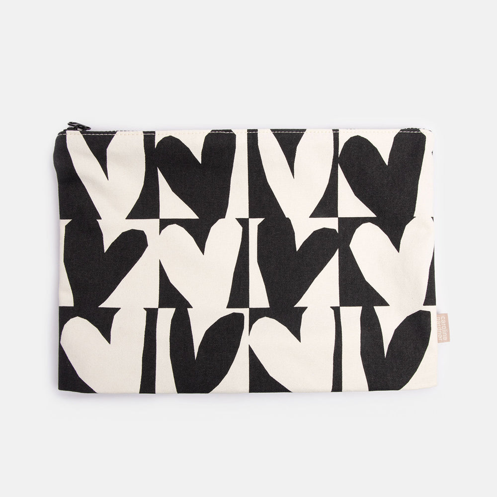 large travel pouch zip bag in monochrome checkmate heart print