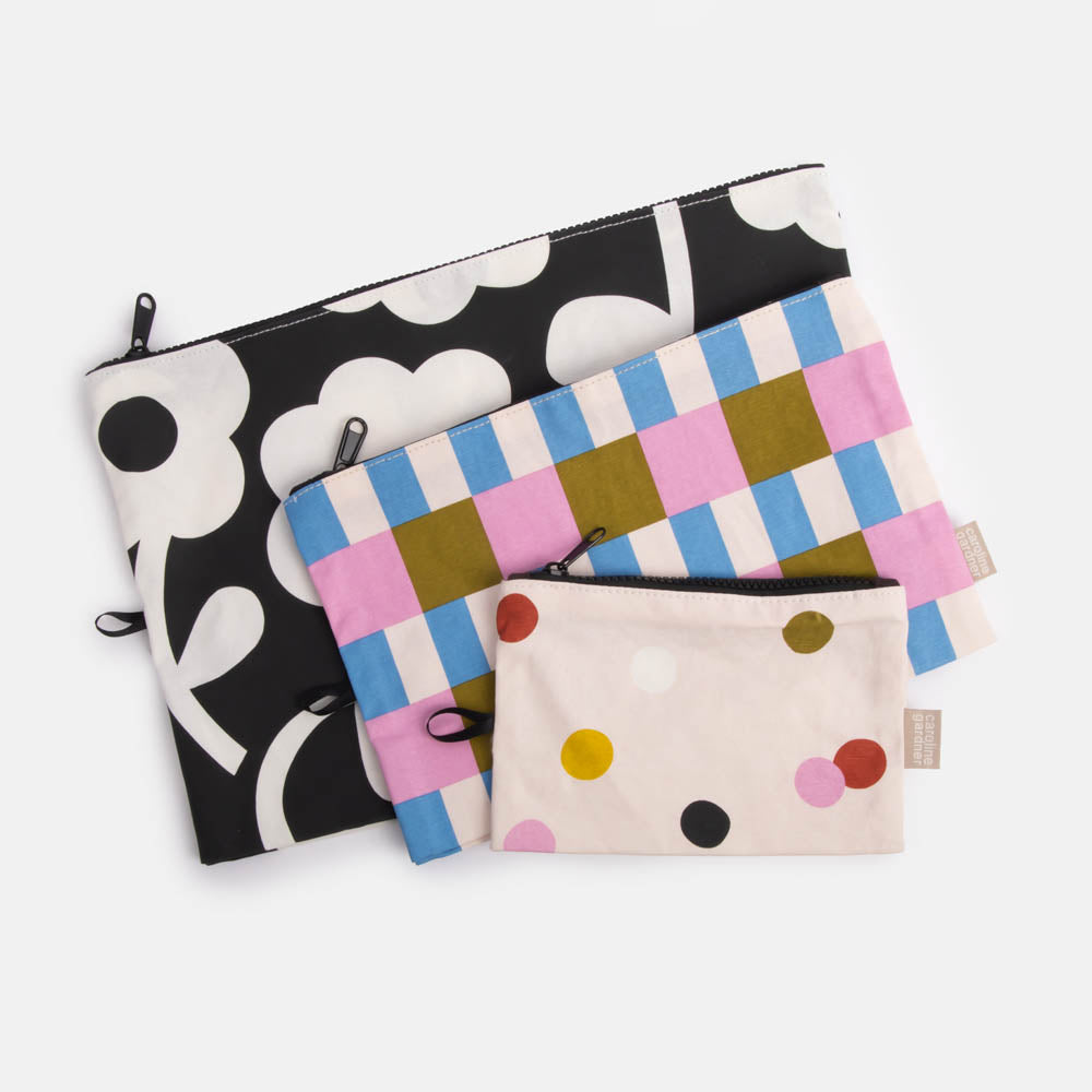 set of 3 cotton travel pouches in different designs