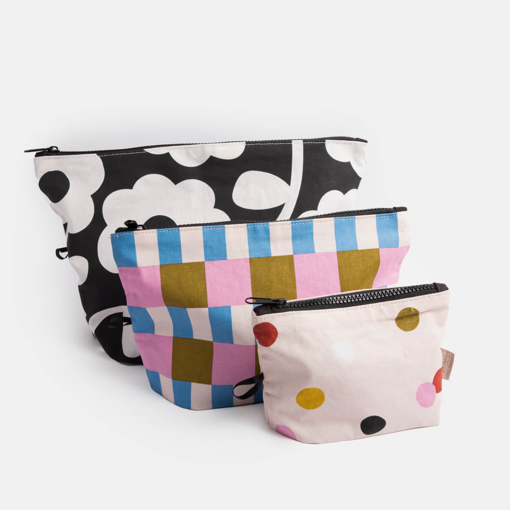 set of 3 cotton travel pouches in different designs