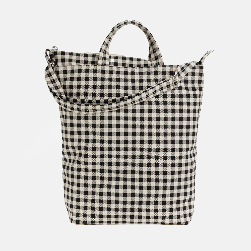 black & white gingham tote bag with shoulder straps, made by Baggu