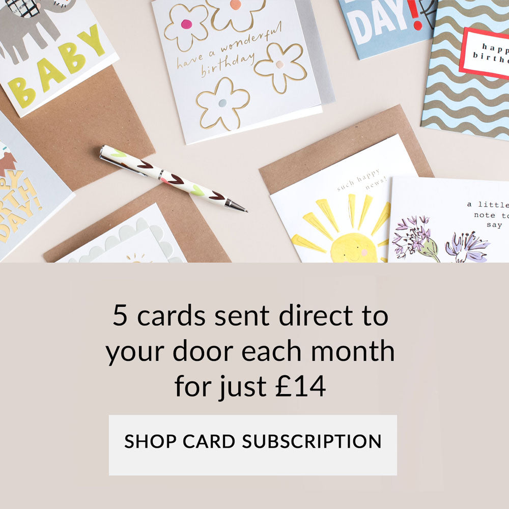 A promotional graphic showing several greeting cards arranged on a beige background, with text below reading '5 cards sent direct to your door each month for just £14' and 'SHOP CARD SUBSCRIPTION'. The cards feature different designs, including floral, sun, and patterned styles.