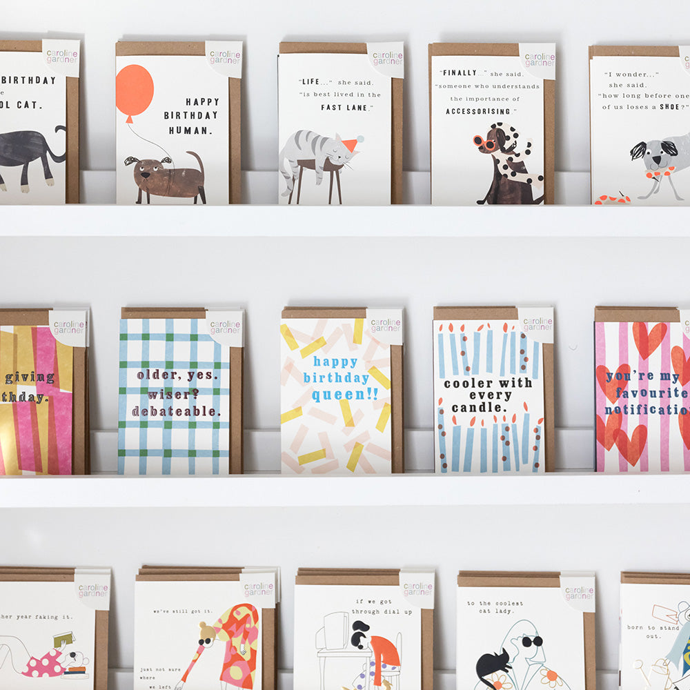 A set of colorful greeting cards with brown kraft paper sleeves, displayed on white shelves. The cards feature various playful illustrations and humorous birthday messages, including a cow, a dog, a cat, and patterns of stripes and plaid.