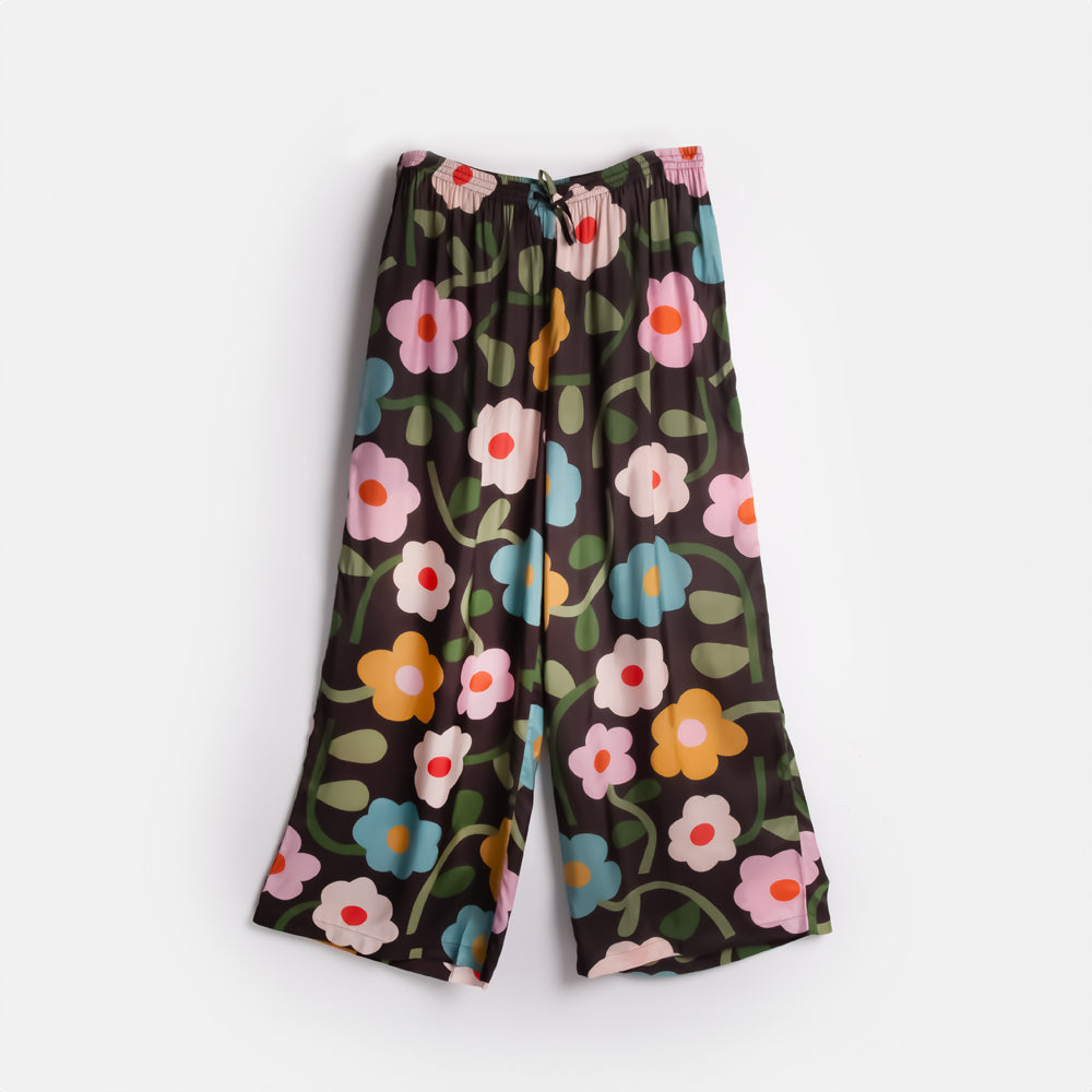 women's charcoal and multi coloured flower print wide leg pyjama trouser, lounge pant