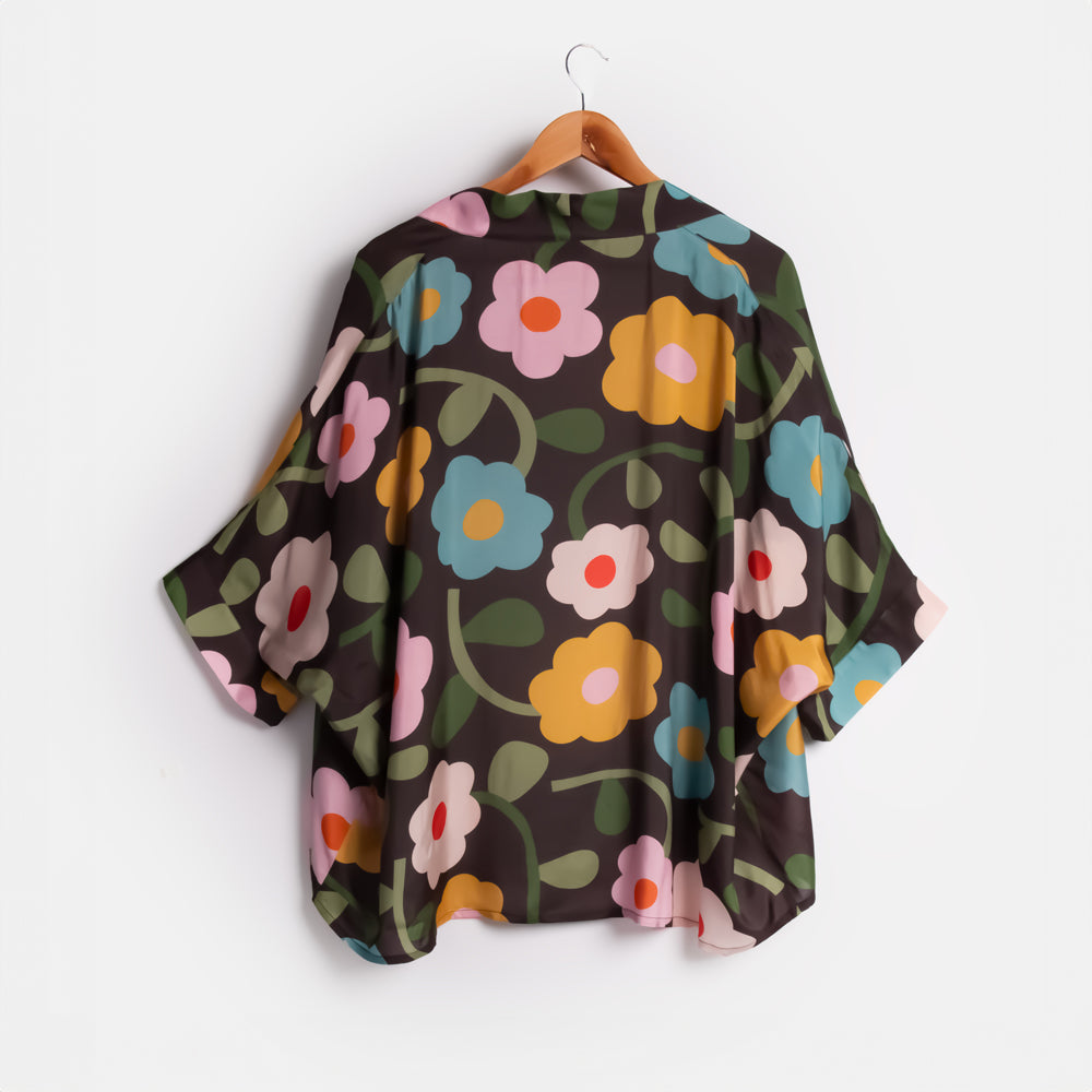 women's charcoal and colourful flowers kimono top