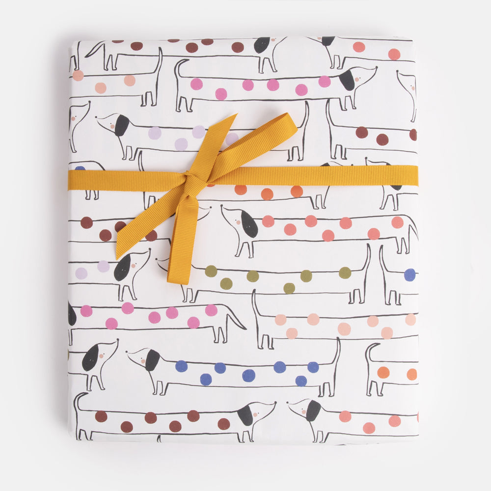 sausage dogs & colourful spots flat wrap wrapping paper