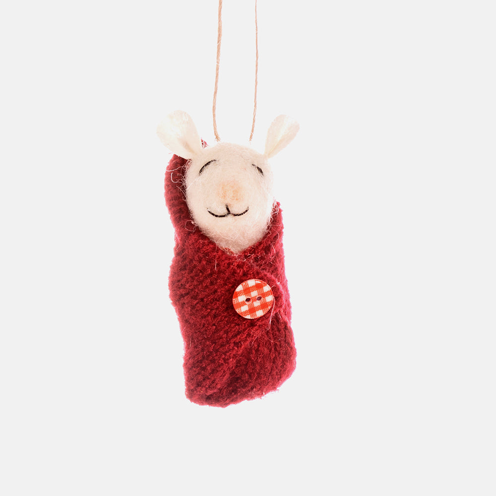 felt mouse in blanket hanging Christmas tree decoration