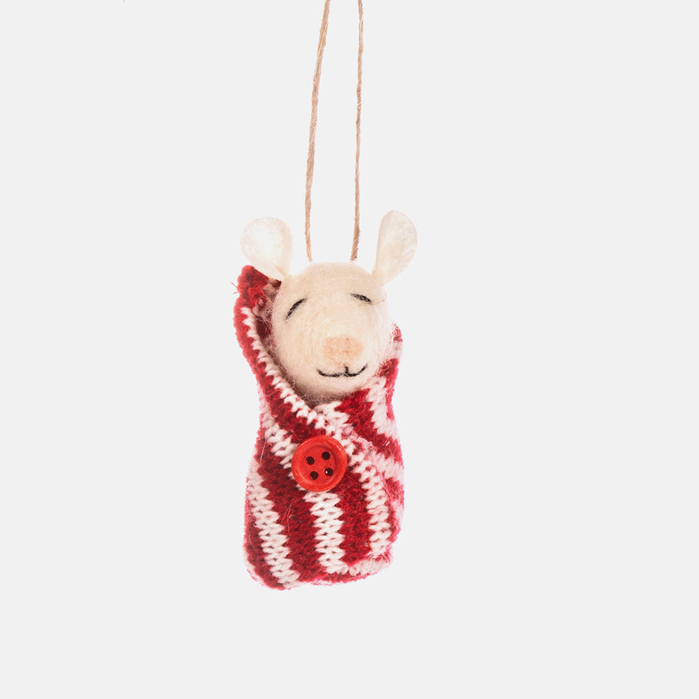 felt mouse in blanket hanging Christmas tree decoration