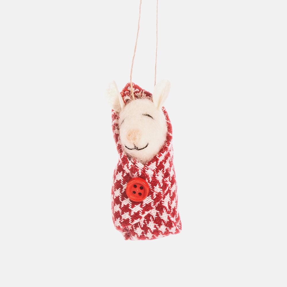 felt mouse in blanket hanging Christmas tree decoration