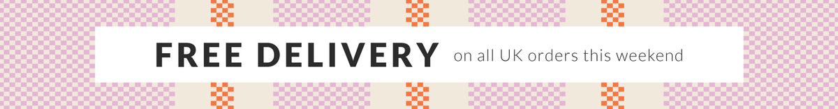 Promotional banner with 'Free Delivery on all UK orders this weekend' text on a patterned background.