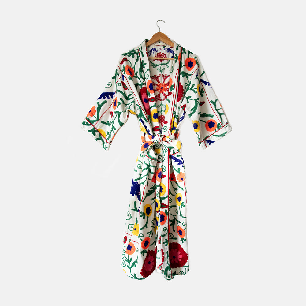 bright florals handmade embroidered cotton dressing gown