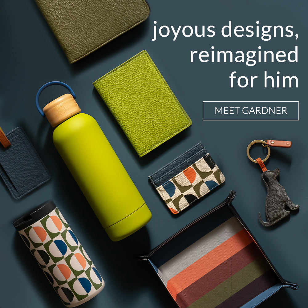 caroline gardner mens range featuring water bottle, passport cover, travel wallet, cardholder, dog keyring lugage tag, travel mug, coin tray