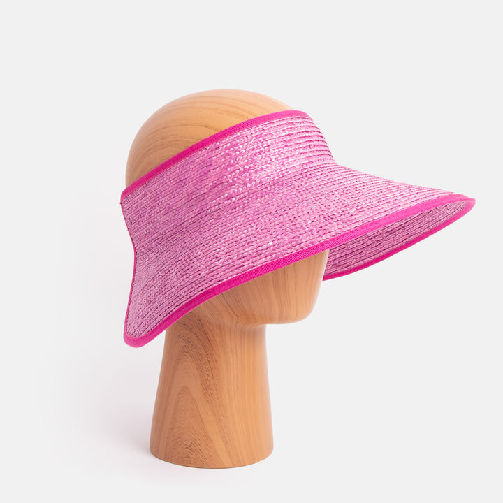 pink woven straw visor hat, hand made in Italy by Ferruccio Vecchi