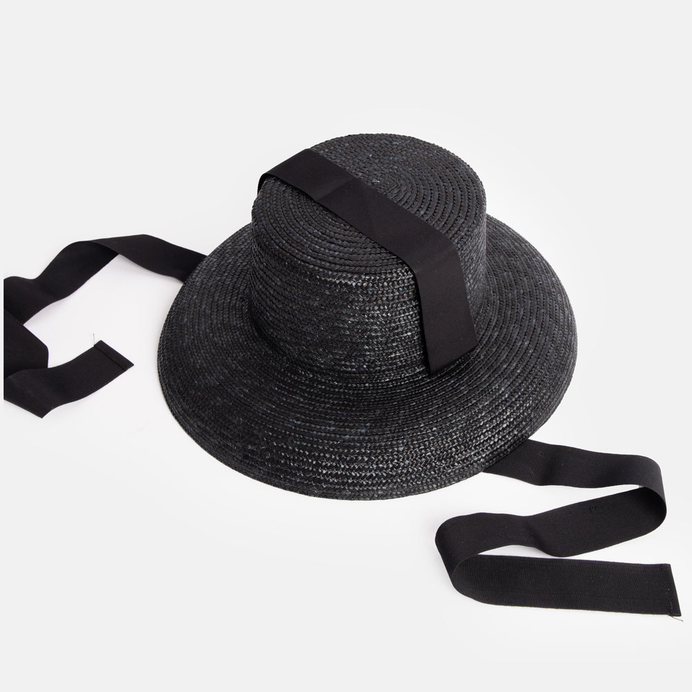 Black Large Straw Hat With Ribbons