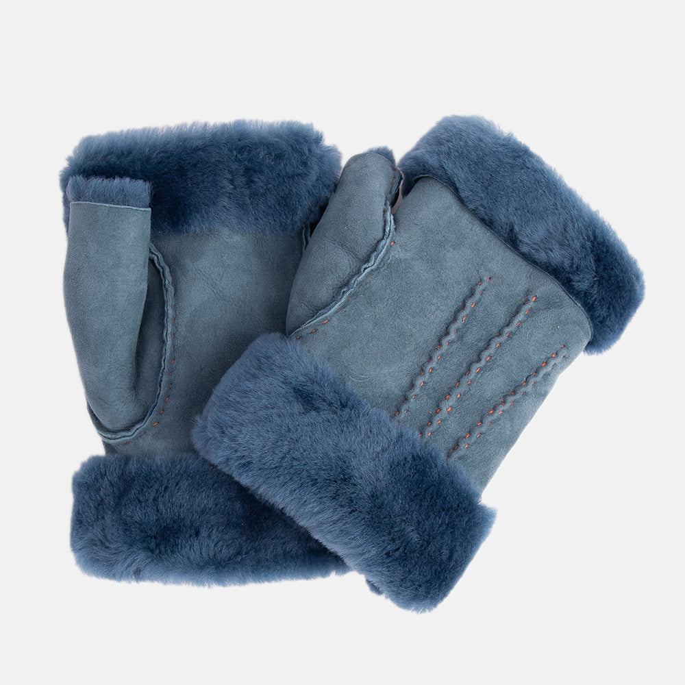 denim blue shearling wrist warmers, hand made in Italy