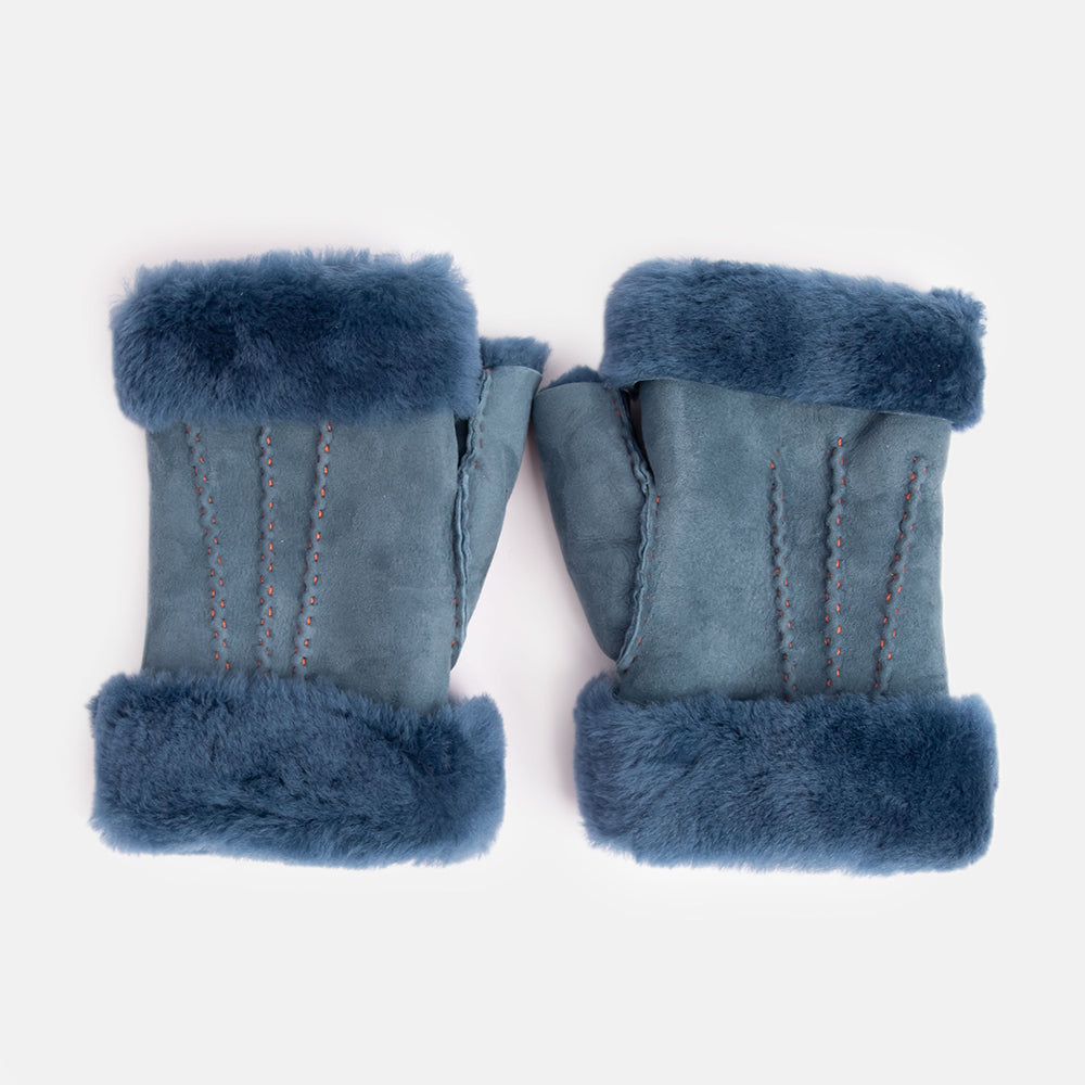 denim blue shearling wrist warmers, hand made in Italy